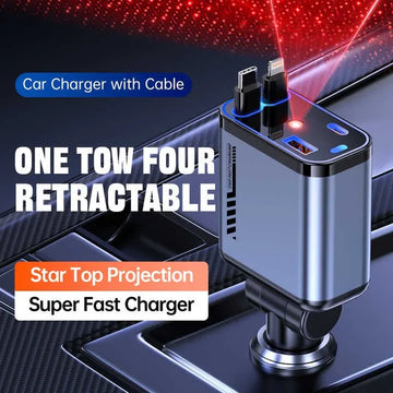 Retractable Car Charger 60W Fast Charging – USB-C & Lightning Cable for Vehicle