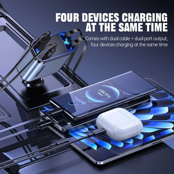 Retractable Car Charger 60W Fast Charging – USB-C & Lightning Cable for Vehicle